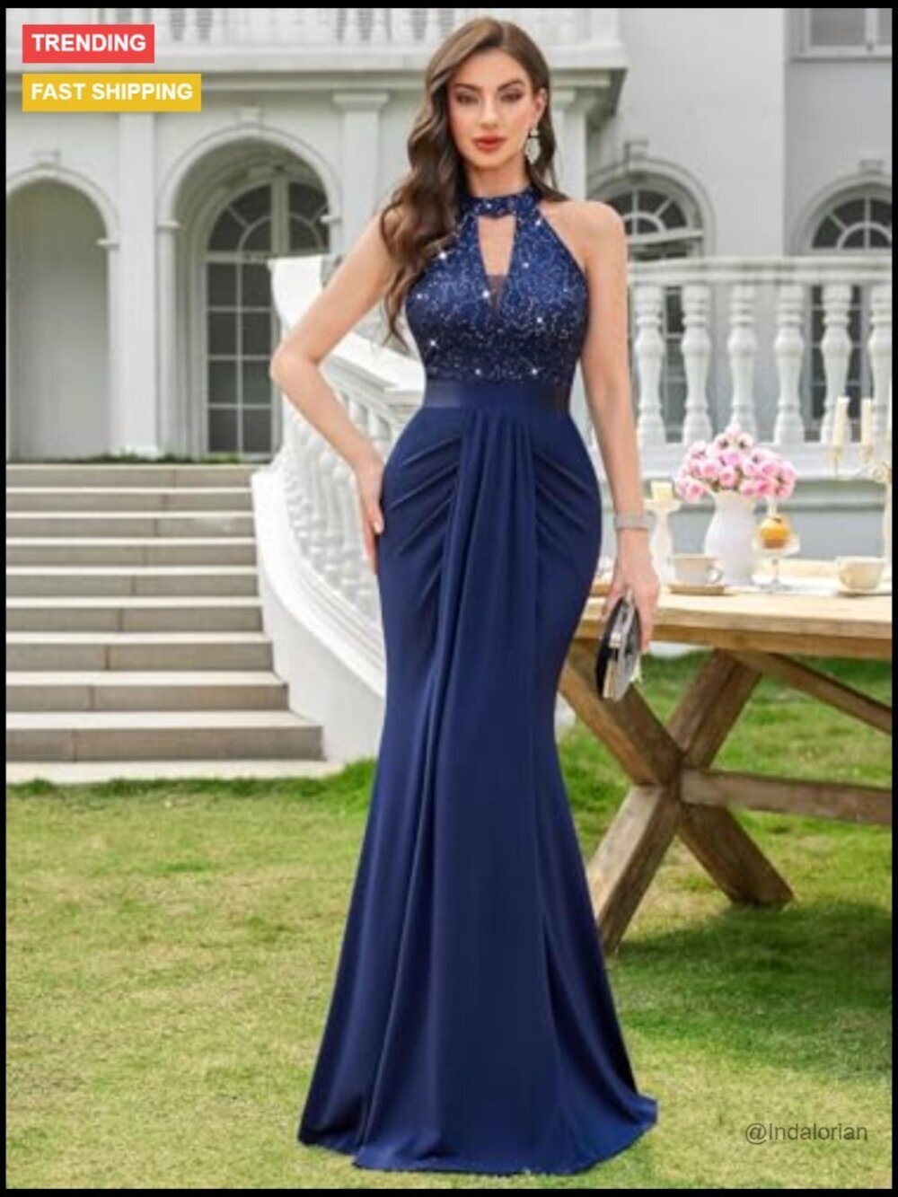 Halter V-Neck Lace Sequin Pleated Formal Evening Maxi Dress - Picture 3 of 7